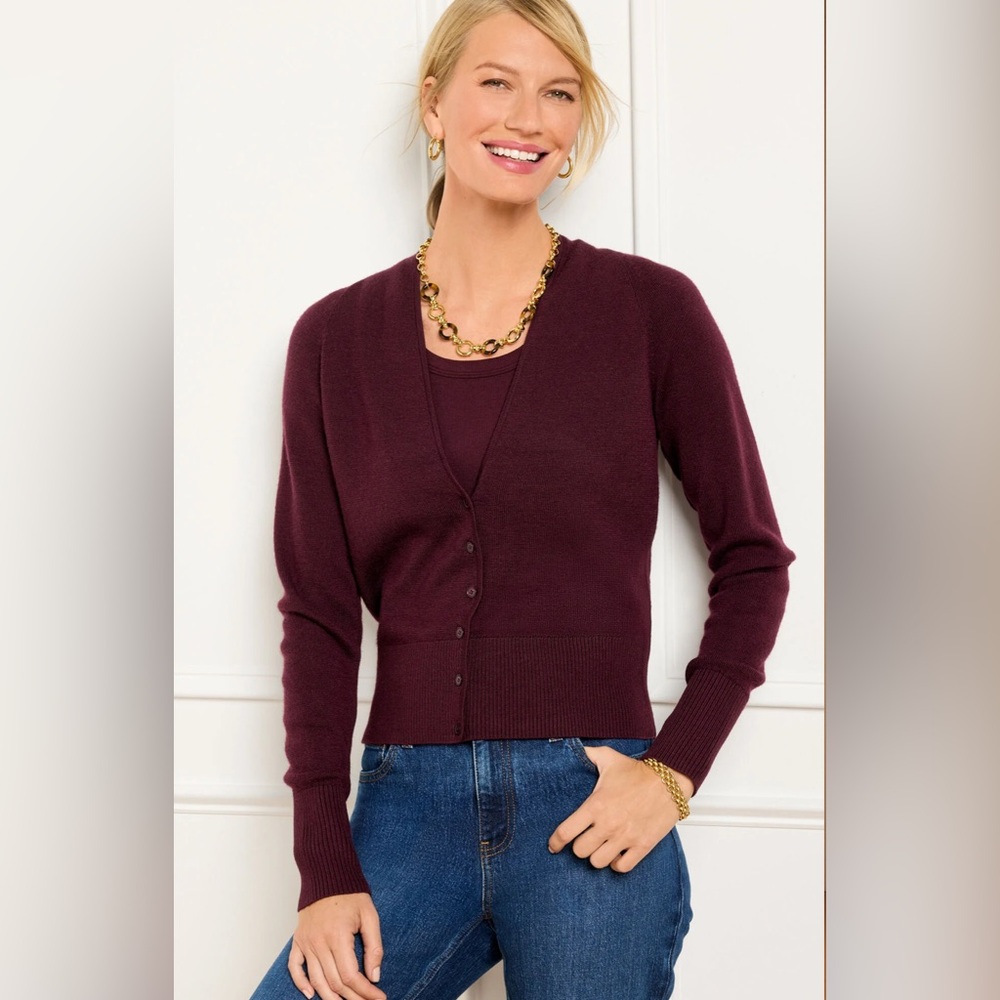 Talbots Wool Blend V-Neck Cardigan In Deep Burgundy Size 1X New With Tags